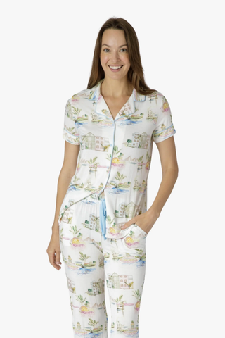I Love Charleston Knit Button Down SS Top and Crop Pant Set - Rainbow Row Print