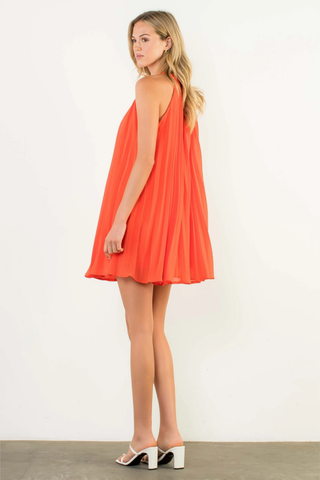 Sleeveless Pleated Halter Neck Flowy Mini Dress