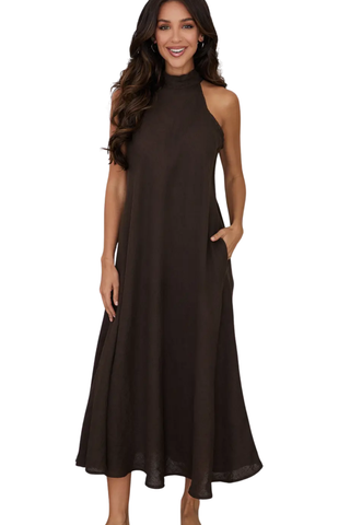 Solid Linen Mock Neck Maxi Dress - Chocolate Brown