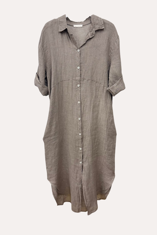 Solid Midi-Length Button Down Linen Dress