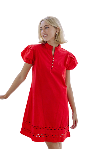 Red Button Front Puff Sleeve Mini Dress with Ric-Rac Inlay