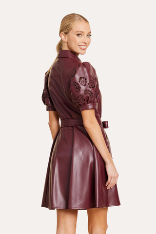 Faux Leather Embroidered Cut Out Sleeve Dress - Burgundy