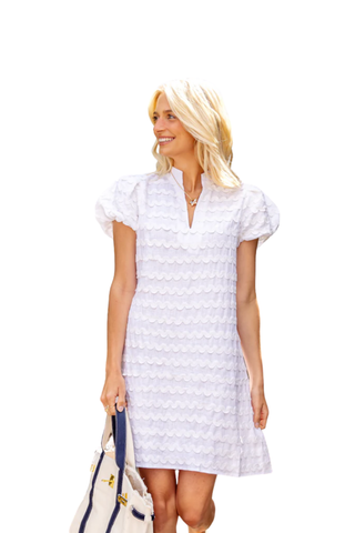 White Ric-Rac Puff Sleeve Button Front Mini Dress
