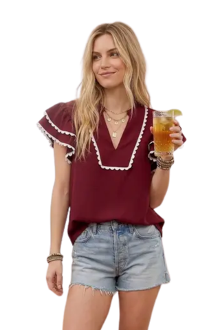 Ruffle Sleeve Scallop Trim Top - Burgundy