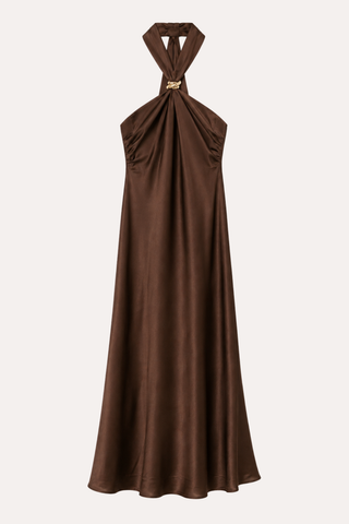 Solid Satin Halter Maxi Dress - Brown
