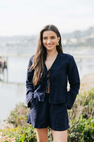 Keaton Linen Tie Top - Navy