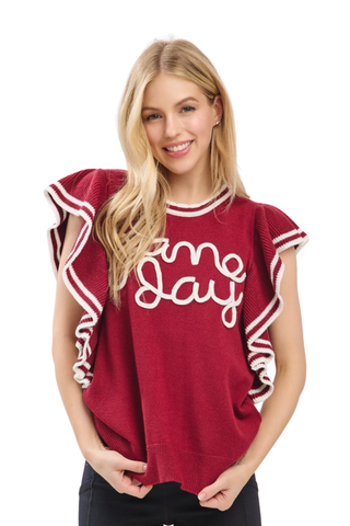 Ruffle Sleeve Varsity Gameday Knit Top - Burgundy