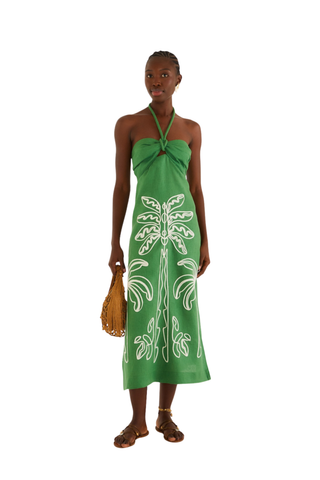 Green Palm Tree Embroidery Sleeveless Midi Dress