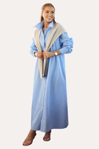 Stripe Poplin Hailey Maxi Shirt Dress with Sweater