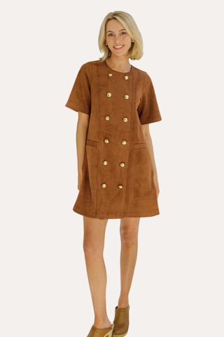 Camel Suede Short Sleeve Button Front Dress