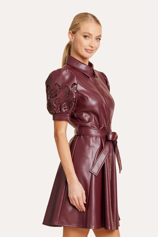 Faux Leather Embroidered Cut Out Sleeve Dress - Burgundy