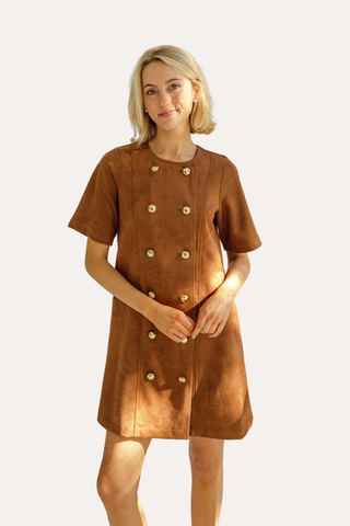 Camel Suede Short Sleeve Button Front Dress