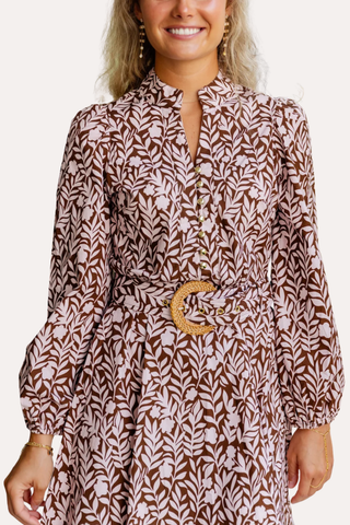 Floral Vine Print Belted Long Sleeve Tunic Dress
