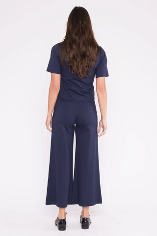 Navy Ponte Knit Wide Leg Pant: Cropped