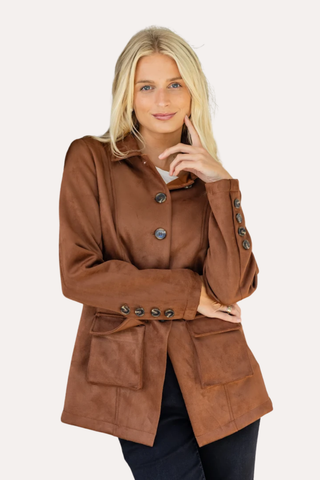 Camel Suede Button Front Jacket