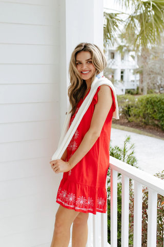 Red Flame V-Neck Ruffle Hem Dress