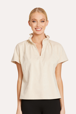 Faux Suede Ruffle Standup Collar V-Neck Top
