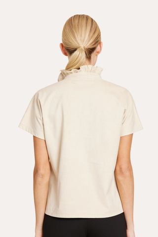 Faux Suede Ruffle Standup Collar V-Neck Top
