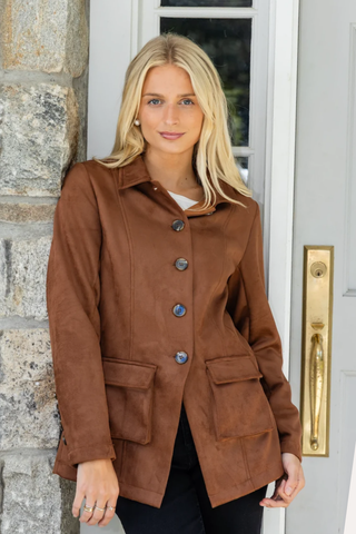 Camel Suede Button Front Jacket