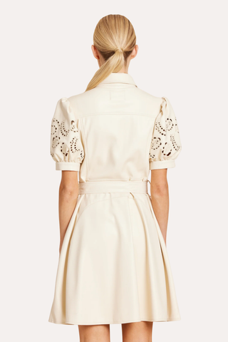 Faux Leather Embroidered Cut Out Sleeve Dress - Bone