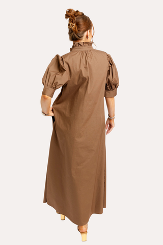 Solid Poplin Ruffle Neck Maxi Shirt Dress