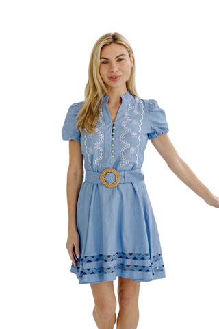 Blue Belted Embroidered Puff Sleeve Tunic with Ric-Rac