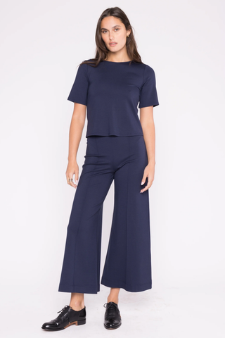 Navy Ponte Knit Wide Leg Pant: Cropped