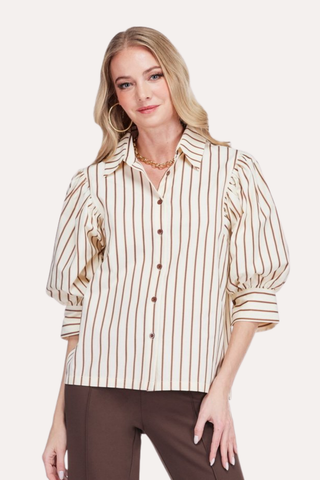 Brown Stripe Puff Sleeve Shirt