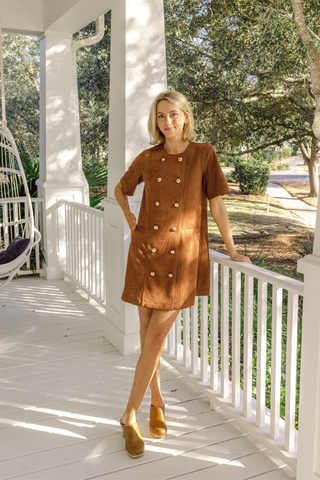 Camel Suede Short Sleeve Button Front Dress