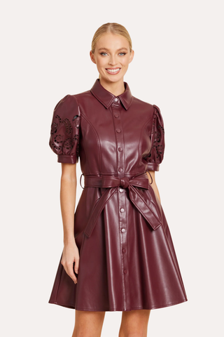 Faux Leather Embroidered Cut Out Sleeve Dress - Burgundy