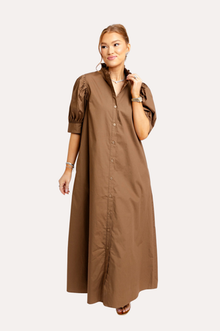 Solid Poplin Ruffle Neck Maxi Shirt Dress
