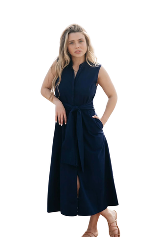 Marilyn Cotton Tie Dress - Navy