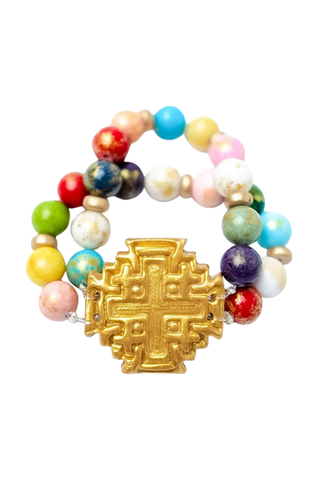 Multicolored Jade Double Strand with Jerusalem Cross Bracelet