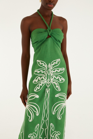 Green Palm Tree Embroidery Sleeveless Midi Dress