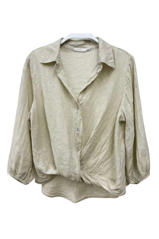 Linen Long Sleeve Front Twist Hem Henley Top