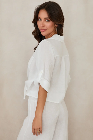 Linen Tie Front Button Shirt - White