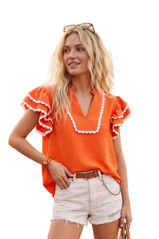 Ruffle Sleeve Scallop Trim Top - Orange