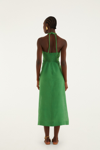 Green Palm Tree Embroidery Sleeveless Midi Dress