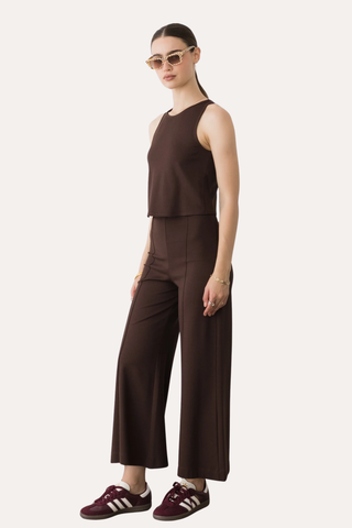 Chocolate Ponte Knit Cropped Wide Leg Pant