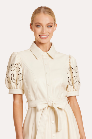 Faux Leather Embroidered Cut Out Sleeve Dress - Bone