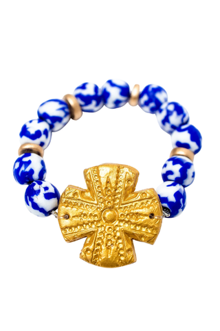 Cobalt African Fused Glass with Rachel Cross Bracelet