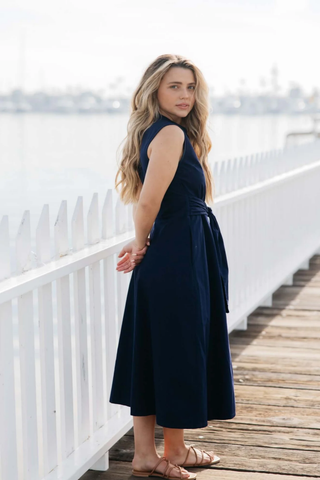 Marilyn Cotton Tie Dress - Navy