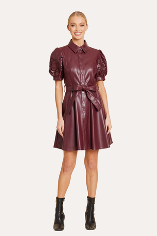 Faux Leather Embroidered Cut Out Sleeve Dress - Burgundy