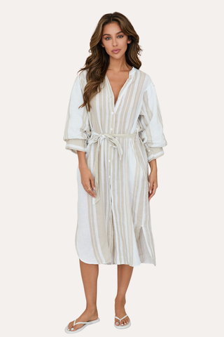 Stripe Bubble Sleeve Linen Dress with Tie