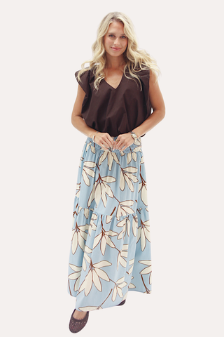 Palm Leaf Floral Smock Tier Maxi Skirt