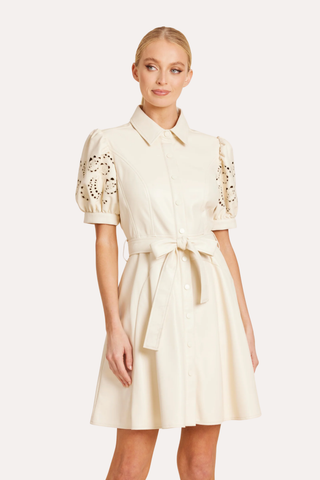 Faux Leather Embroidered Cut Out Sleeve Dress - Bone