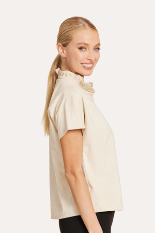 Faux Suede Ruffle Standup Collar V-Neck Top