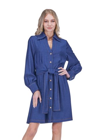 Collar Waist Pleated Shirt Dress