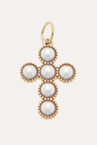 Pearl Cross Charm In Shiny Gold