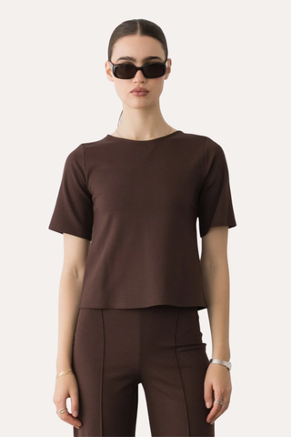 Chocolate Ponte Knit Short Sleeve Top
